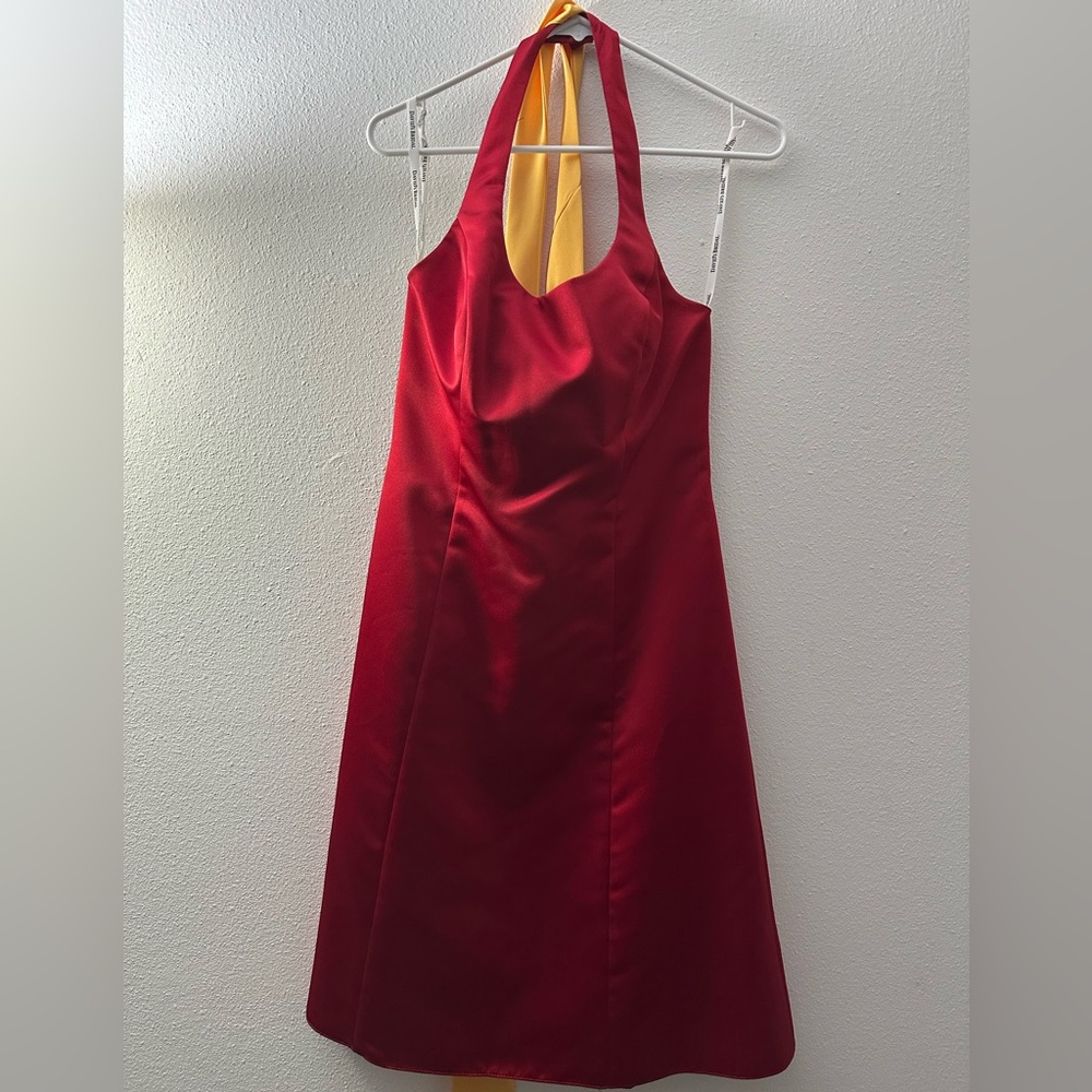 David's Bridal Red and Gold Backless Dress